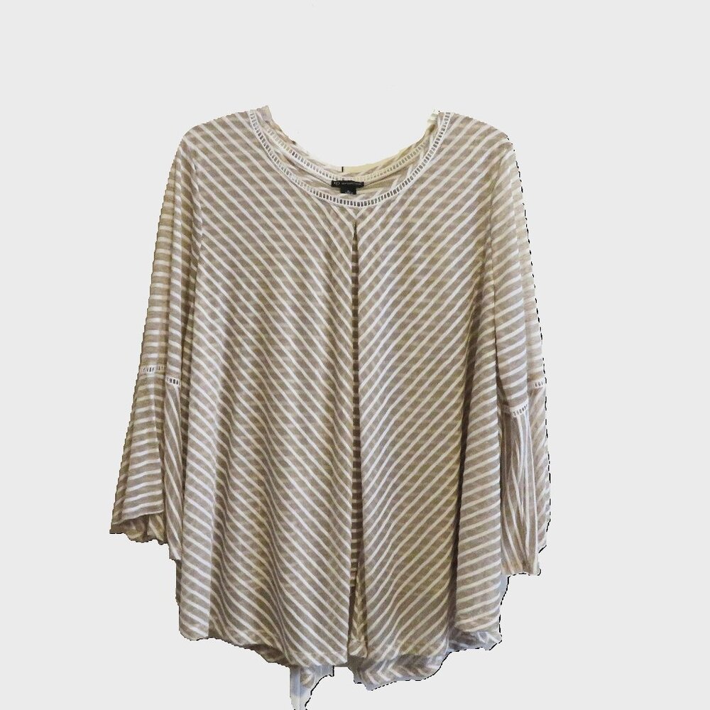 New Directions Tan and White Striped Sheer Blouse